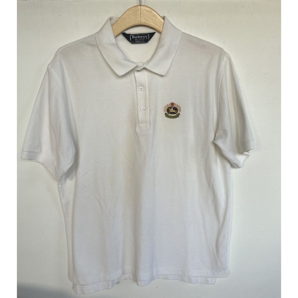 Burberrys Vintage Pique Polo Shirt Men's Large White Cotton Crest Logo 90s